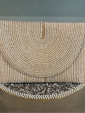 Handwoven Natural & White Straw Clutch with Bead Trim